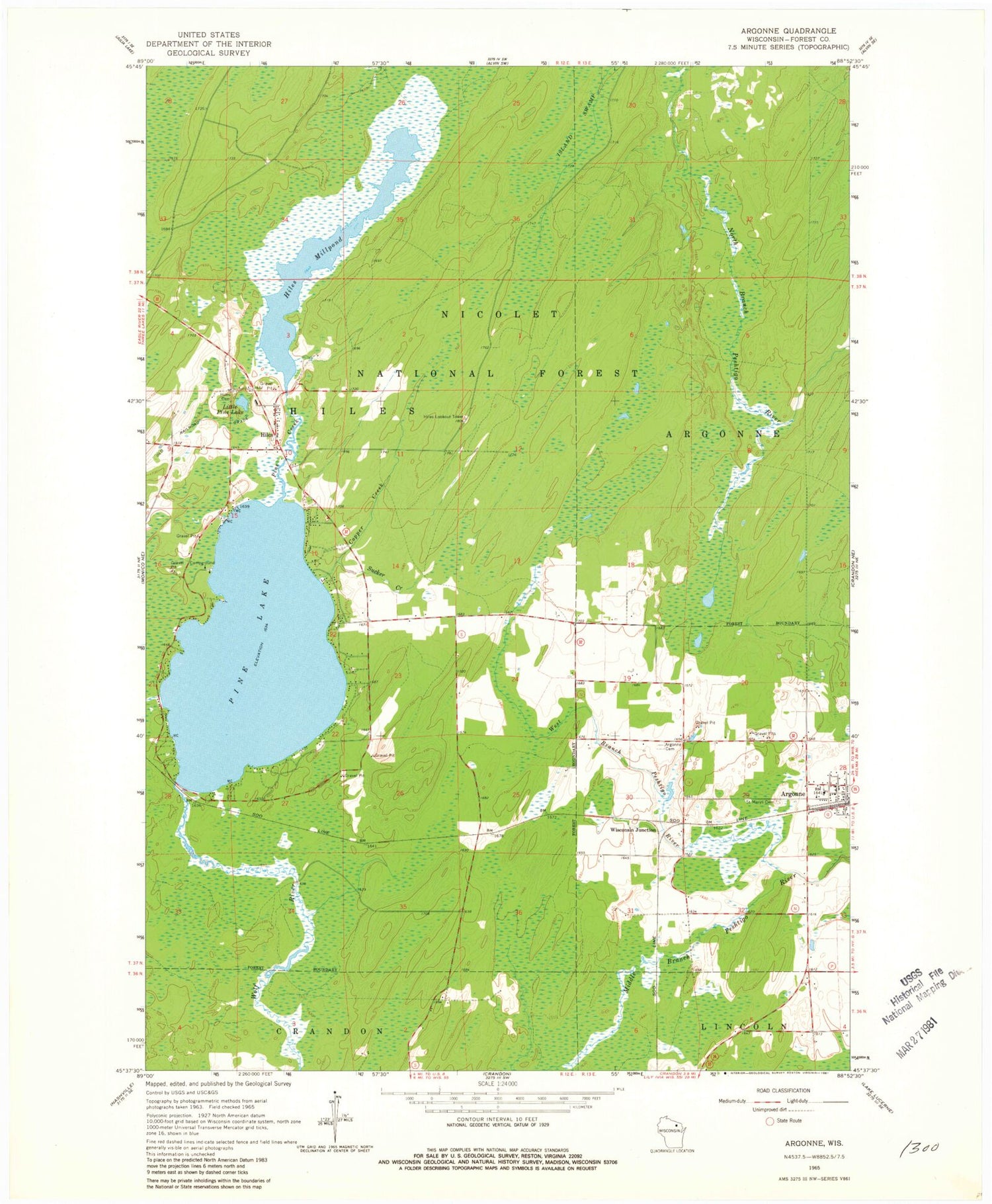 Classic USGS Argonne Wisconsin 7.5'x7.5' Topo Map Image