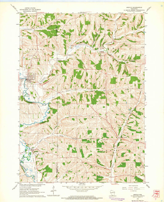 Classic USGS Argyle Wisconsin 7.5'x7.5' Topo Map Image