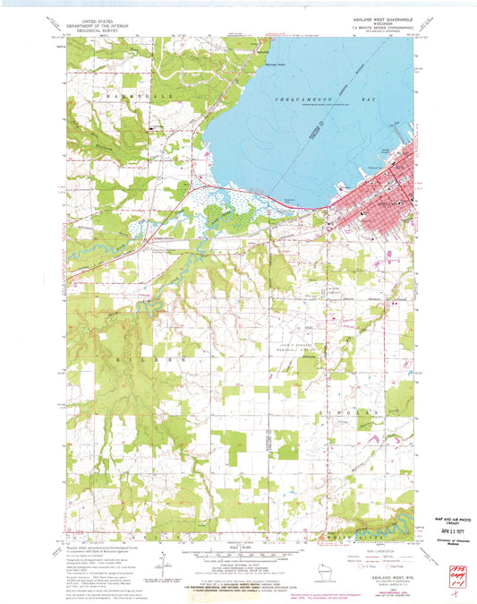 Classic USGS Ashland West Wisconsin 7.5'x7.5' Topo Map Image