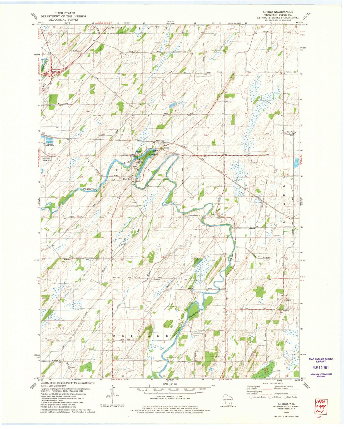 Classic USGS Astico Wisconsin 7.5'x7.5' Topo Map Image
