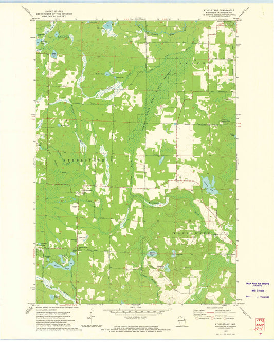 Classic USGS Athelstane Wisconsin 7.5'x7.5' Topo Map Image