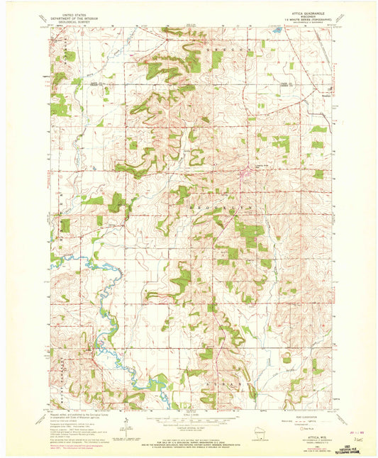 Classic USGS Attica Wisconsin 7.5'x7.5' Topo Map Image