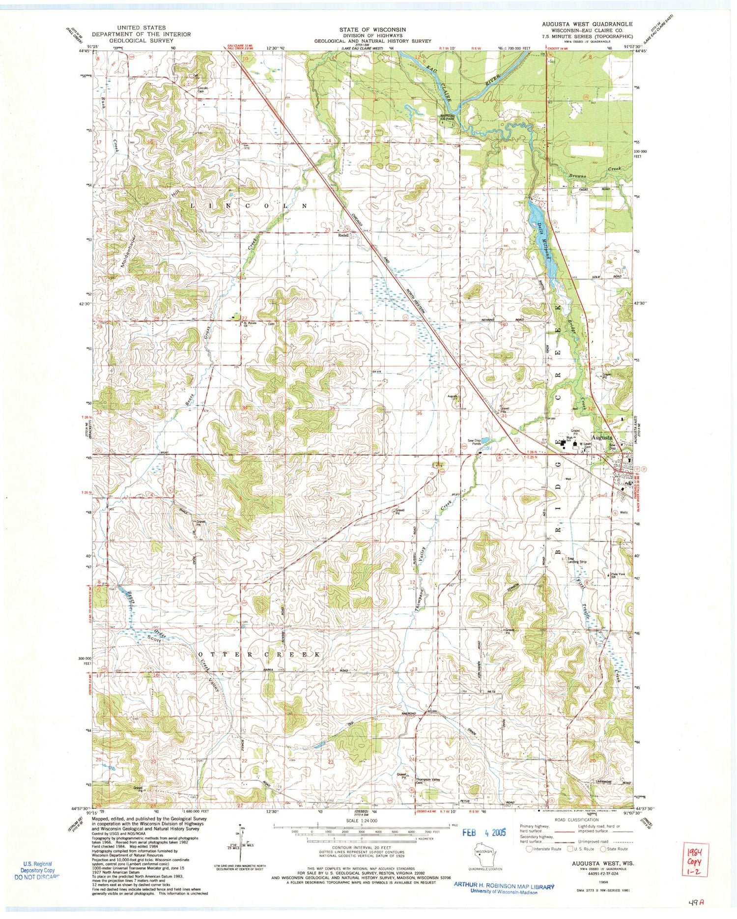 Classic USGS Augusta West Wisconsin 7.5'x7.5' Topo Map Image