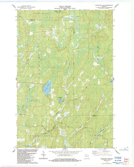 Classic USGS Augustine Lake Wisconsin 7.5'x7.5' Topo Map Image