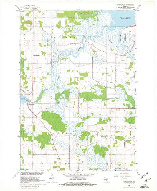 Classic USGS Auroraville Wisconsin 7.5'x7.5' Topo Map Image