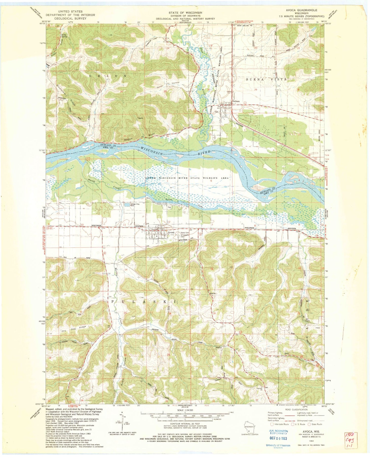Classic USGS Avoca Wisconsin 7.5'x7.5' Topo Map Image