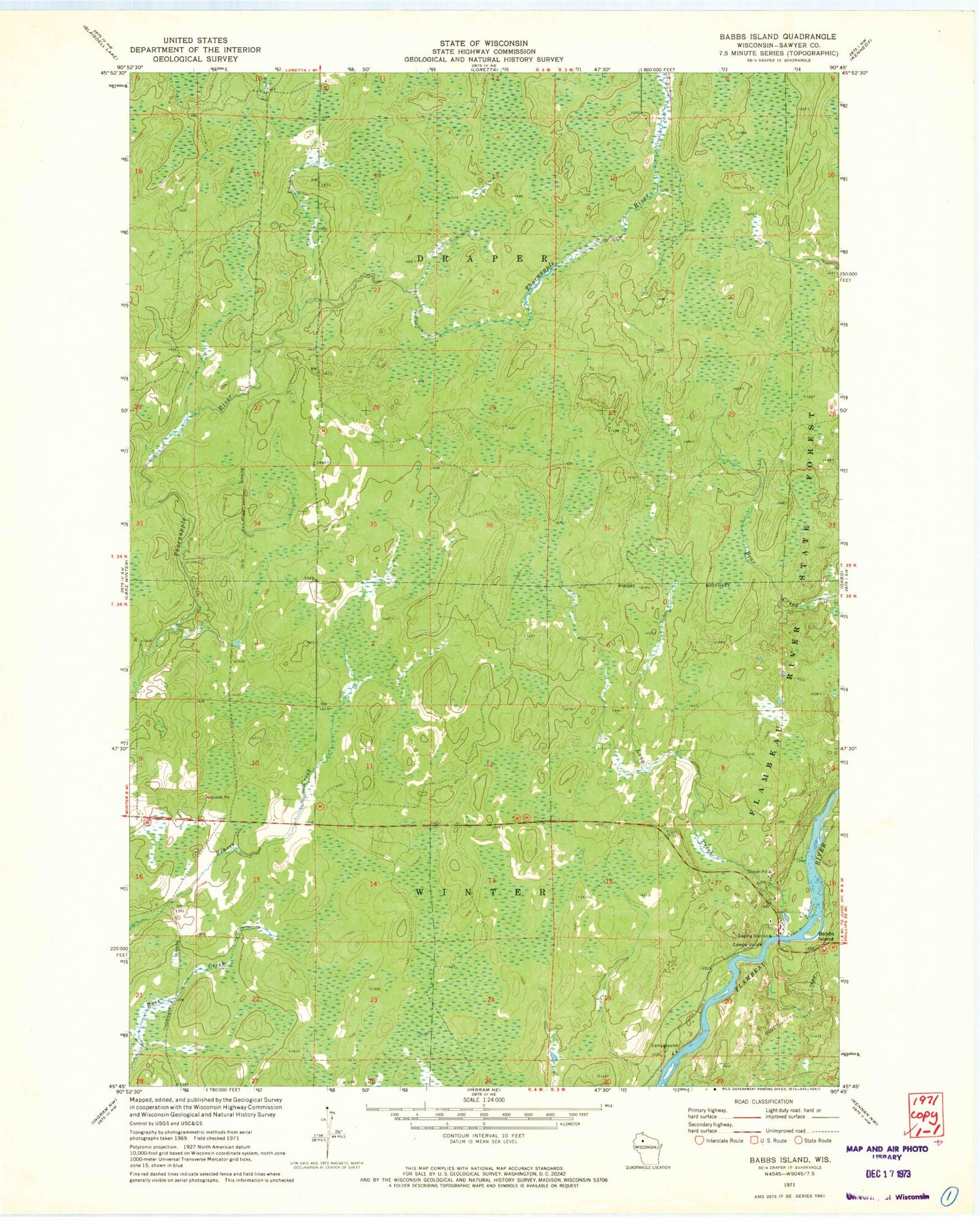 Classic USGS Babbs Island Wisconsin 7.5'x7.5' Topo Map Image