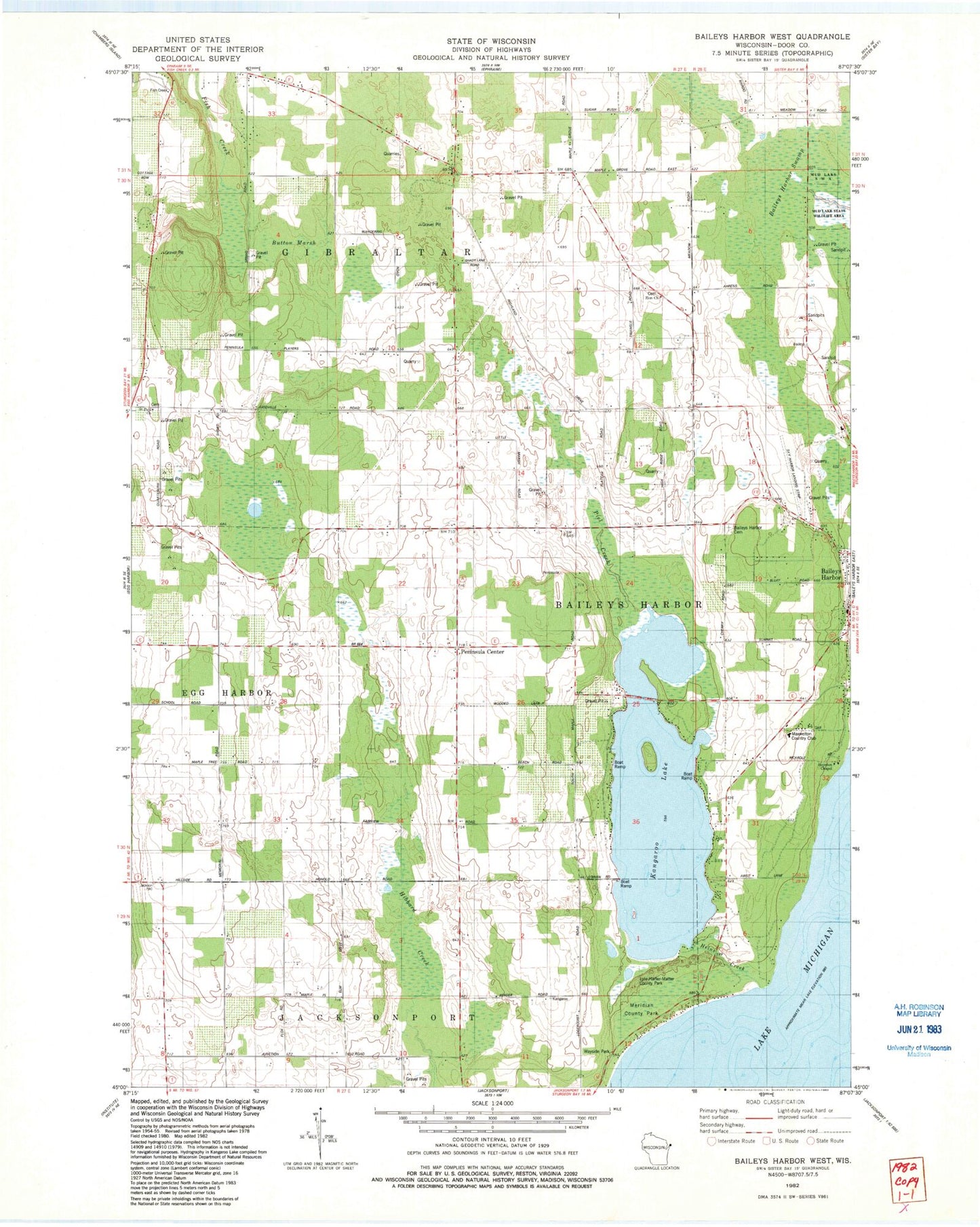 Classic USGS Baileys Harbor West Wisconsin 7.5'x7.5' Topo Map Image