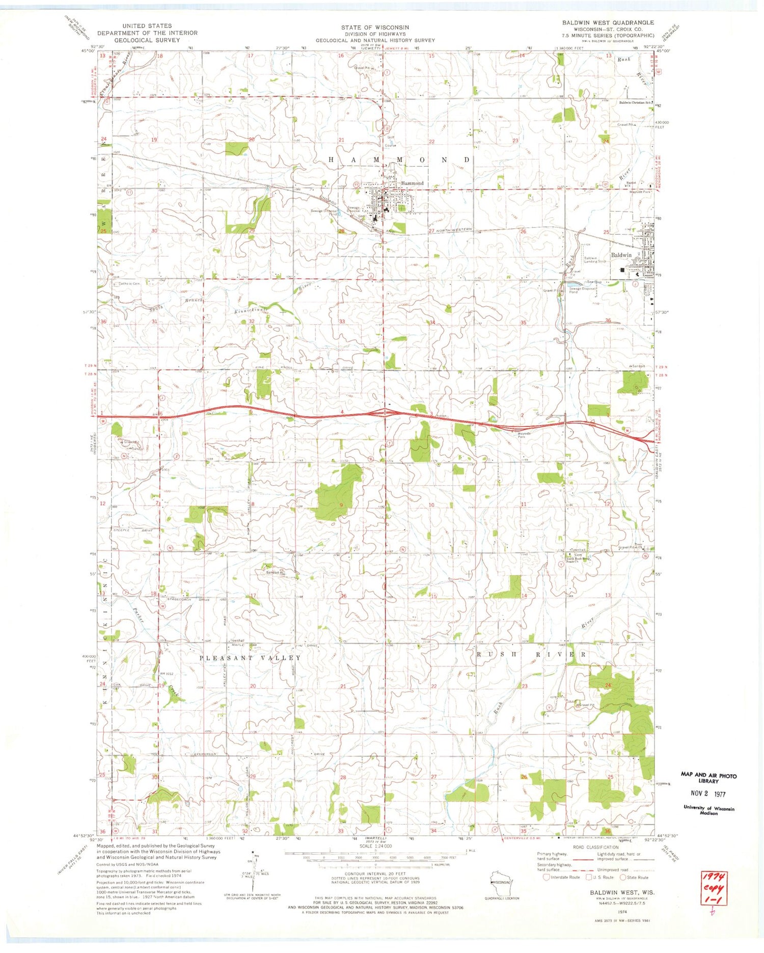 Classic USGS Baldwin West Wisconsin 7.5'x7.5' Topo Map Image
