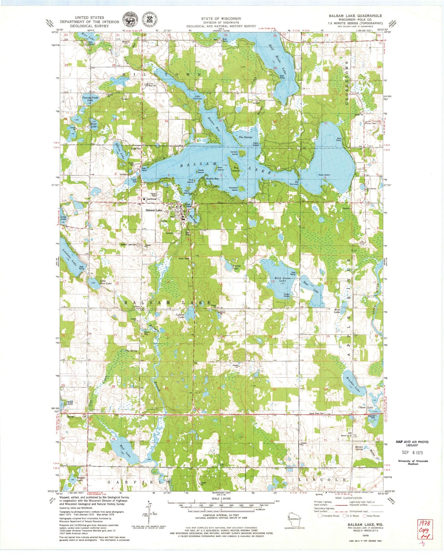Classic USGS Balsam Lake Wisconsin 7.5'x7.5' Topo Map Image