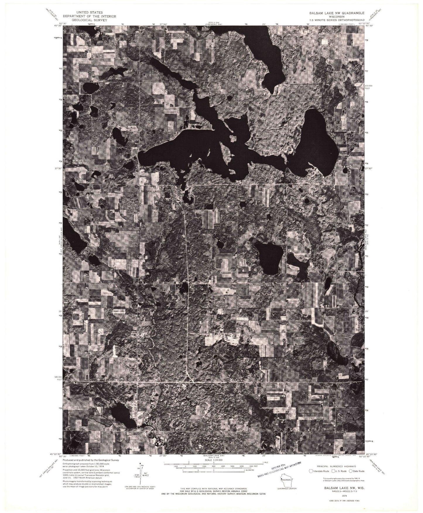 Classic USGS Balsam Lake Wisconsin 7.5'x7.5' Topo Map Image