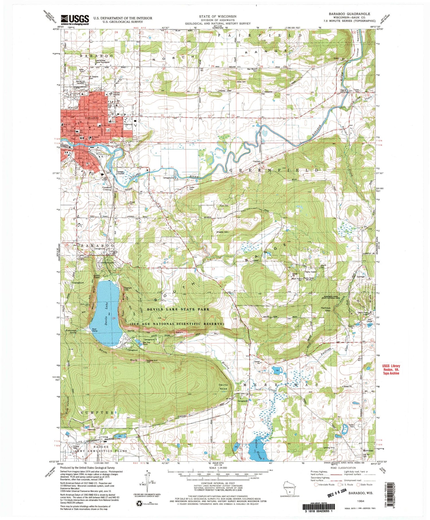 USGS Classic Baraboo Wisconsin 7.5'x7.5' Topo Map Image