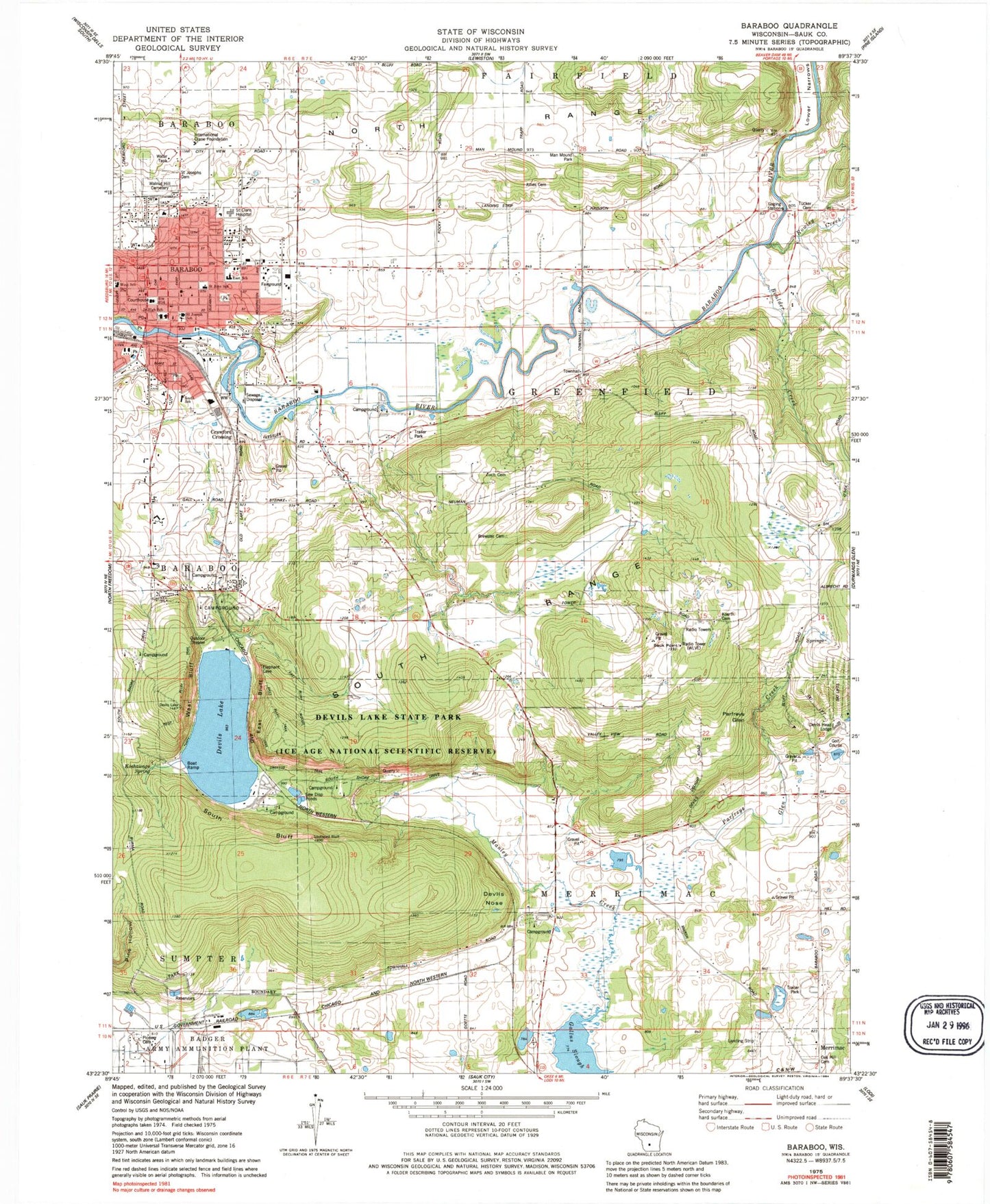 USGS Classic Baraboo Wisconsin 7.5'x7.5' Topo Map Image