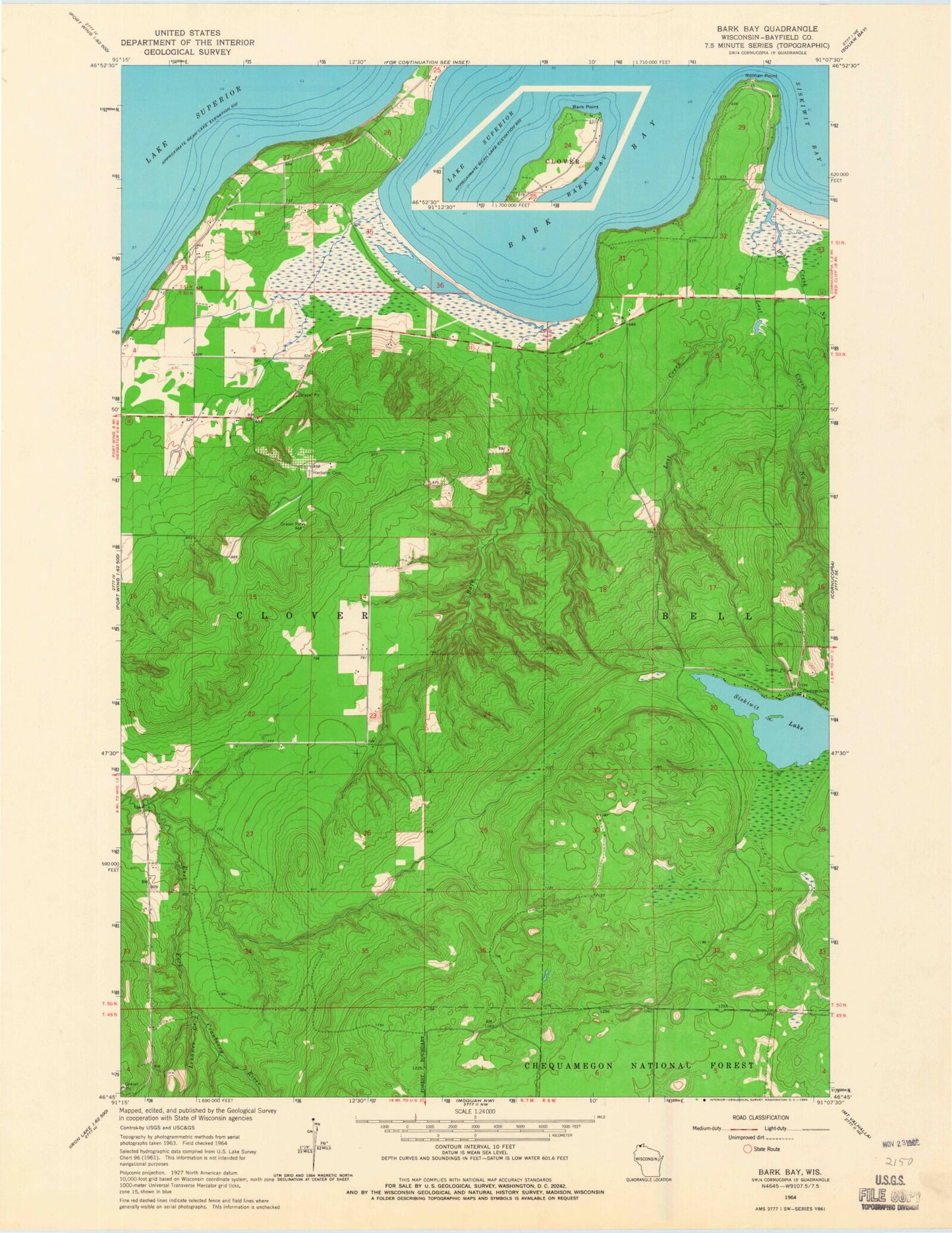 Classic USGS Bark Bay Wisconsin 7.5'x7.5' Topo Map Image