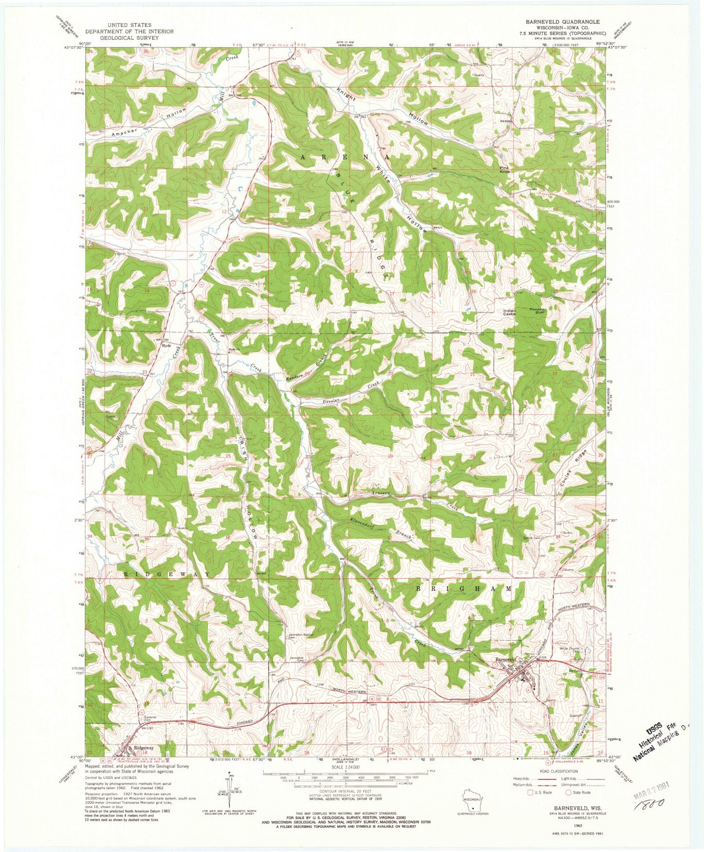 Classic USGS Barneveld Wisconsin 7.5'x7.5' Topo Map Image