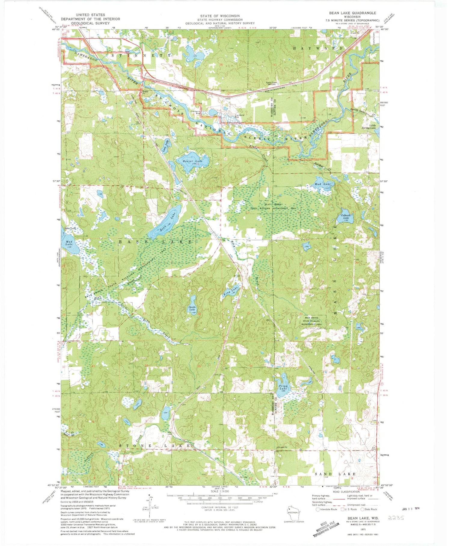 Classic USGS Bean Lake Wisconsin 7.5'x7.5' Topo Map Image