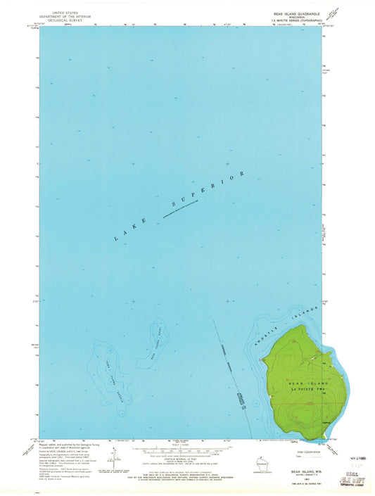Classic USGS Bear Island Wisconsin 7.5'x7.5' Topo Map Image