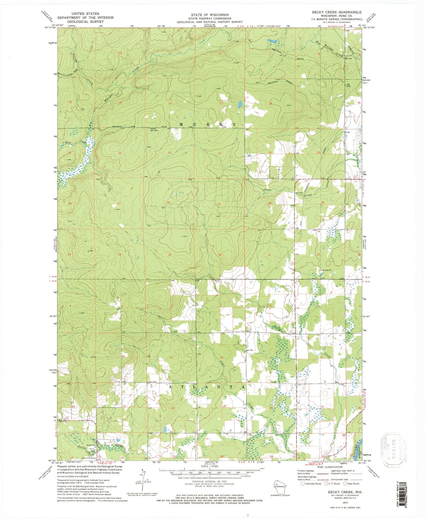 Classic USGS Becky Creek Wisconsin 7.5'x7.5' Topo Map Image