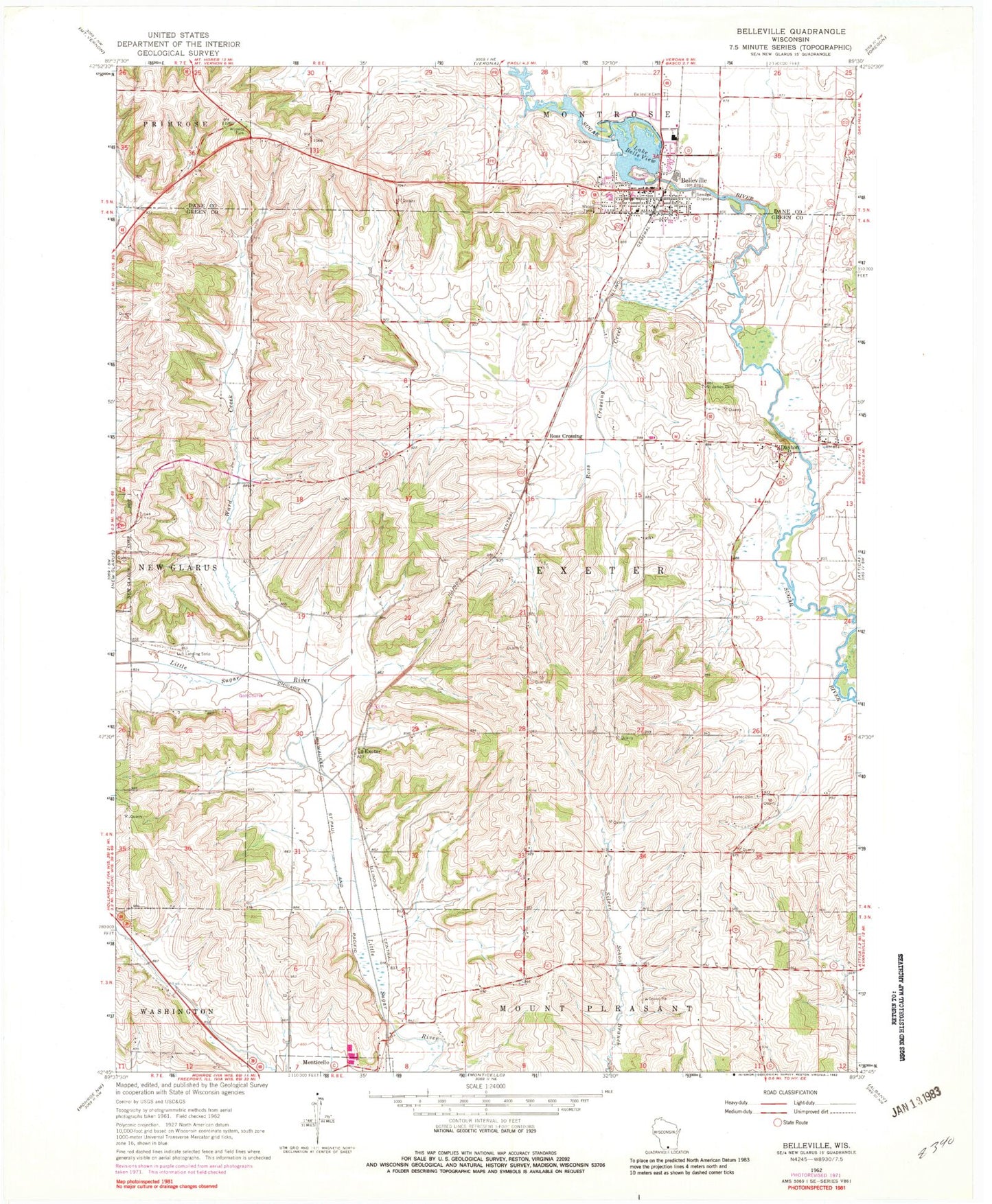 Classic USGS Belleville Wisconsin 7.5'x7.5' Topo Map Image