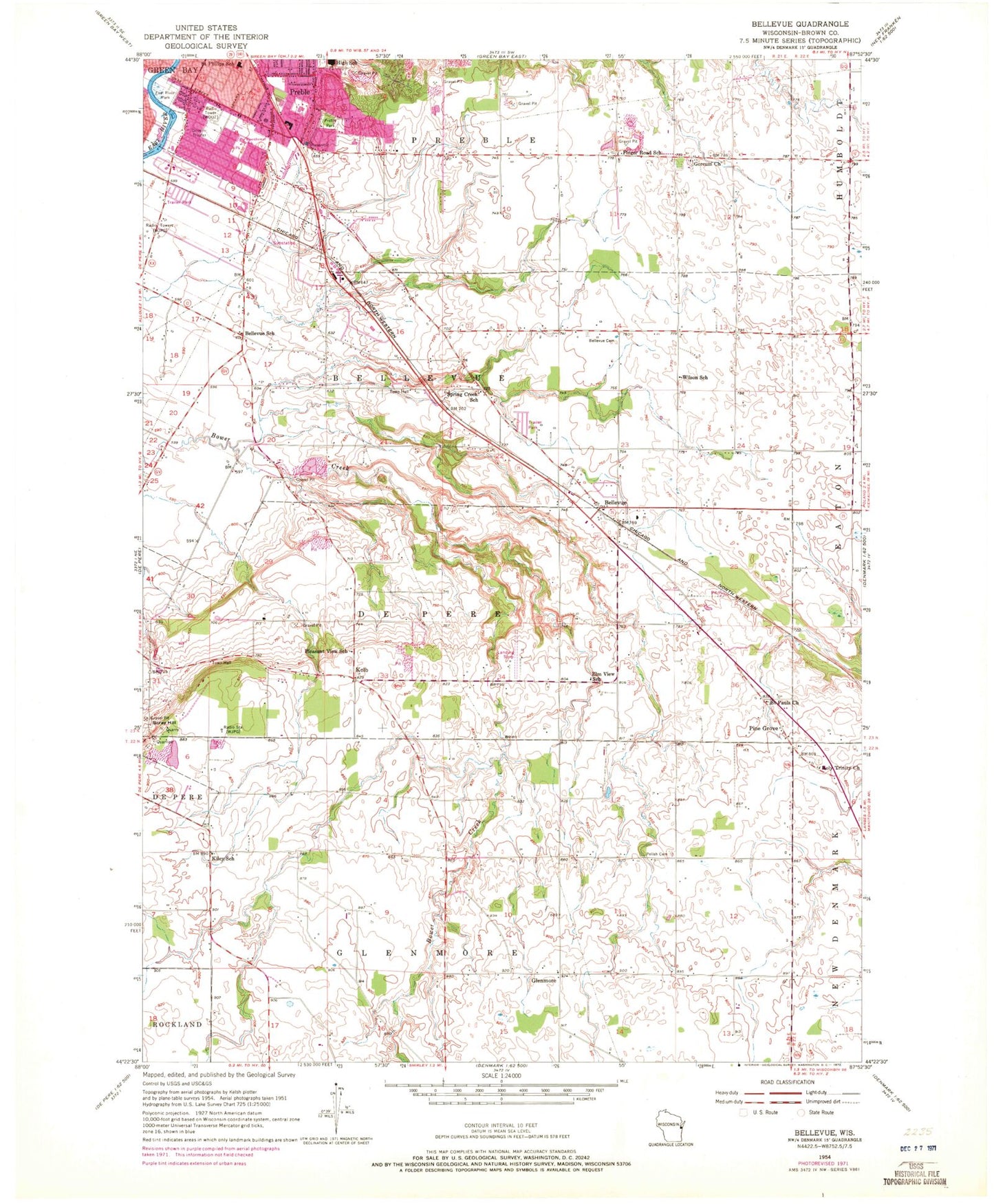 Classic USGS Bellevue Wisconsin 7.5'x7.5' Topo Map Image