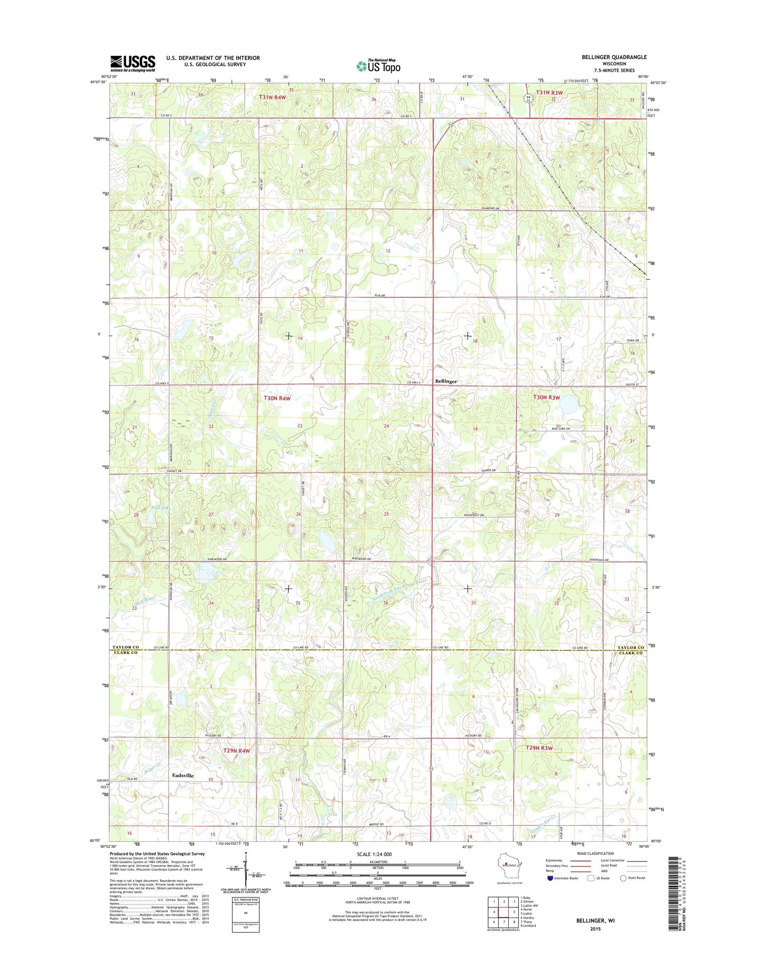 Bellinger Wisconsin US Topo Map Image