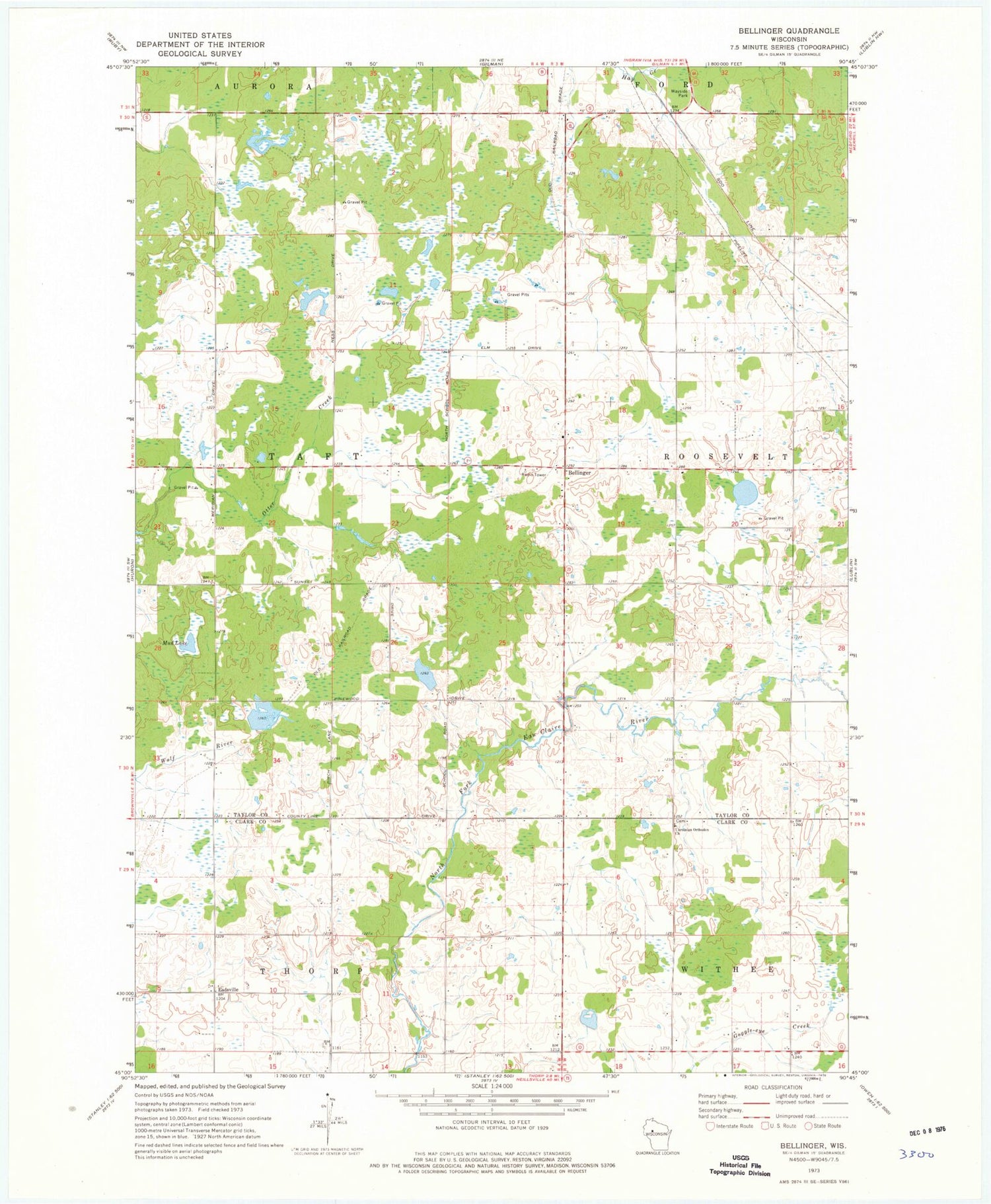 Classic USGS Bellinger Wisconsin 7.5'x7.5' Topo Map Image