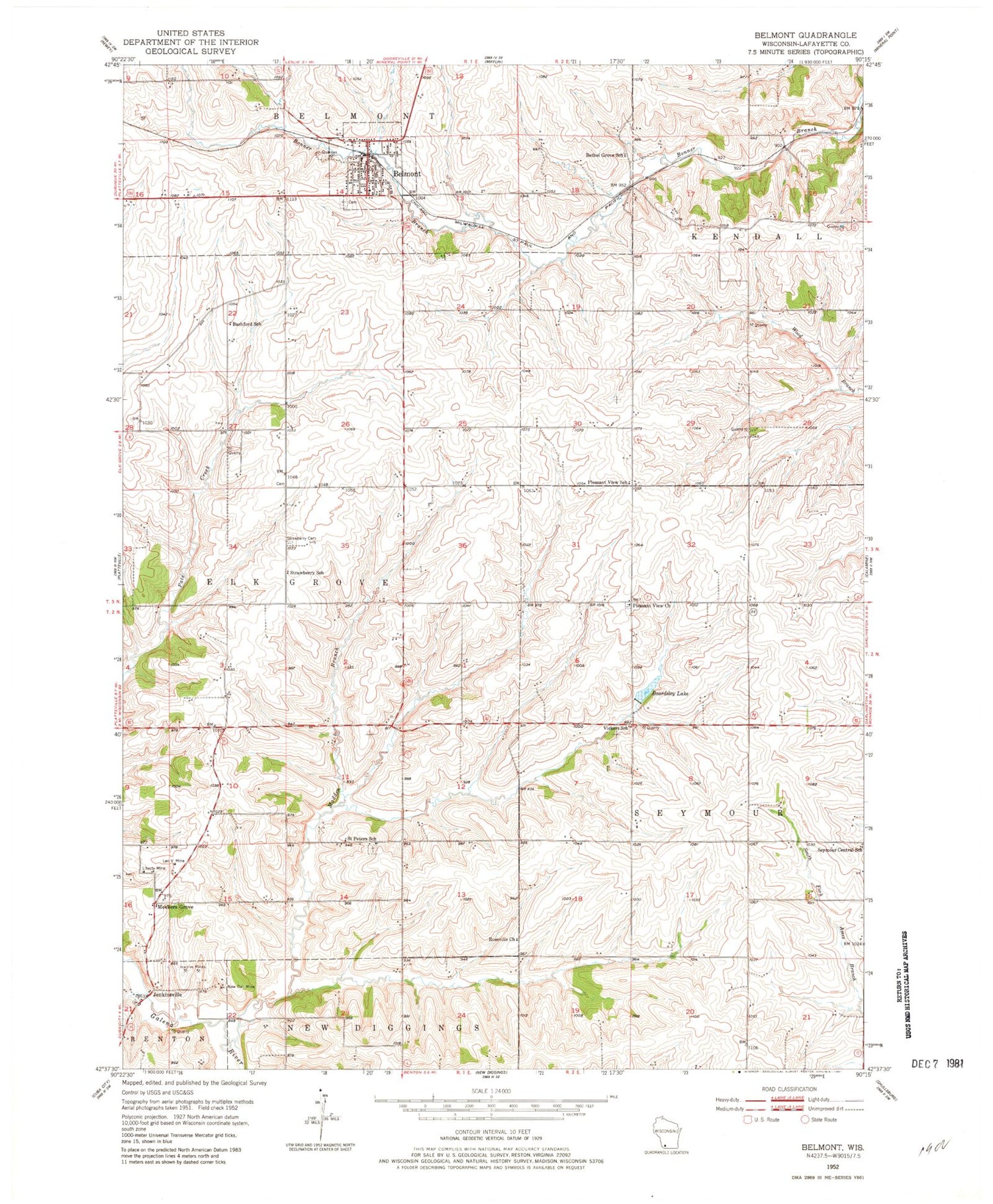 Classic USGS Belmont Wisconsin 7.5'x7.5' Topo Map Image