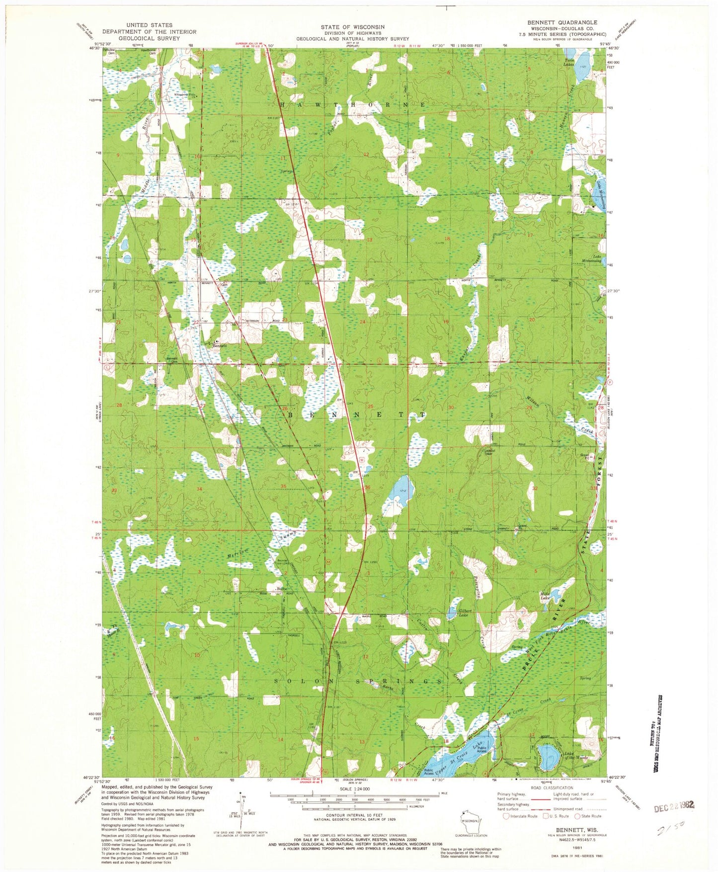Classic USGS Bennett Wisconsin 7.5'x7.5' Topo Map Image