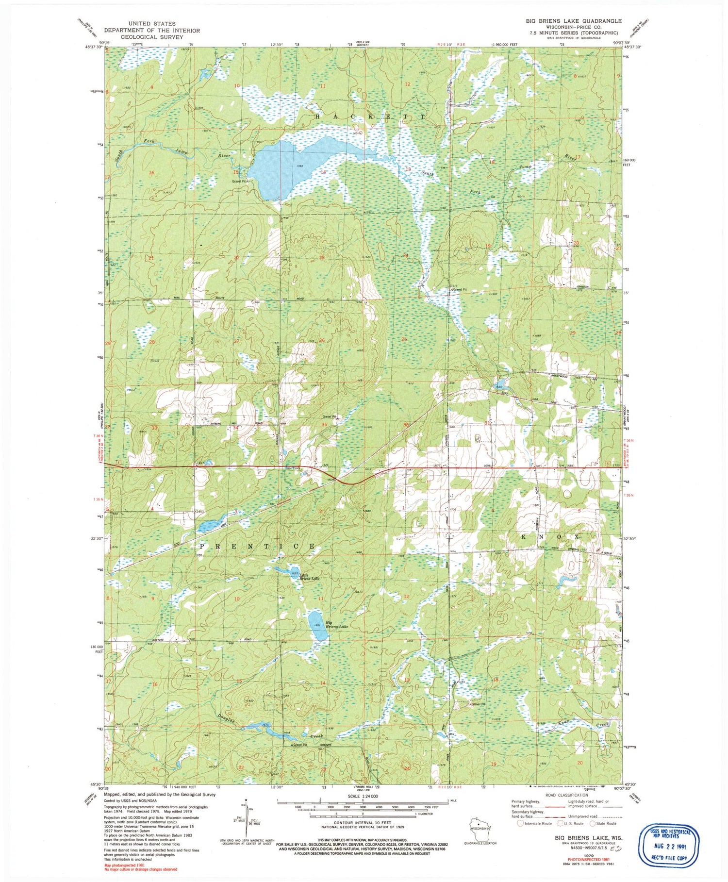 Classic USGS Big Briens Lake Wisconsin 7.5'x7.5' Topo Map Image
