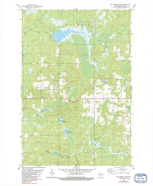 Classic USGS Big Briens Lake Wisconsin 7.5'x7.5' Topo Map Image