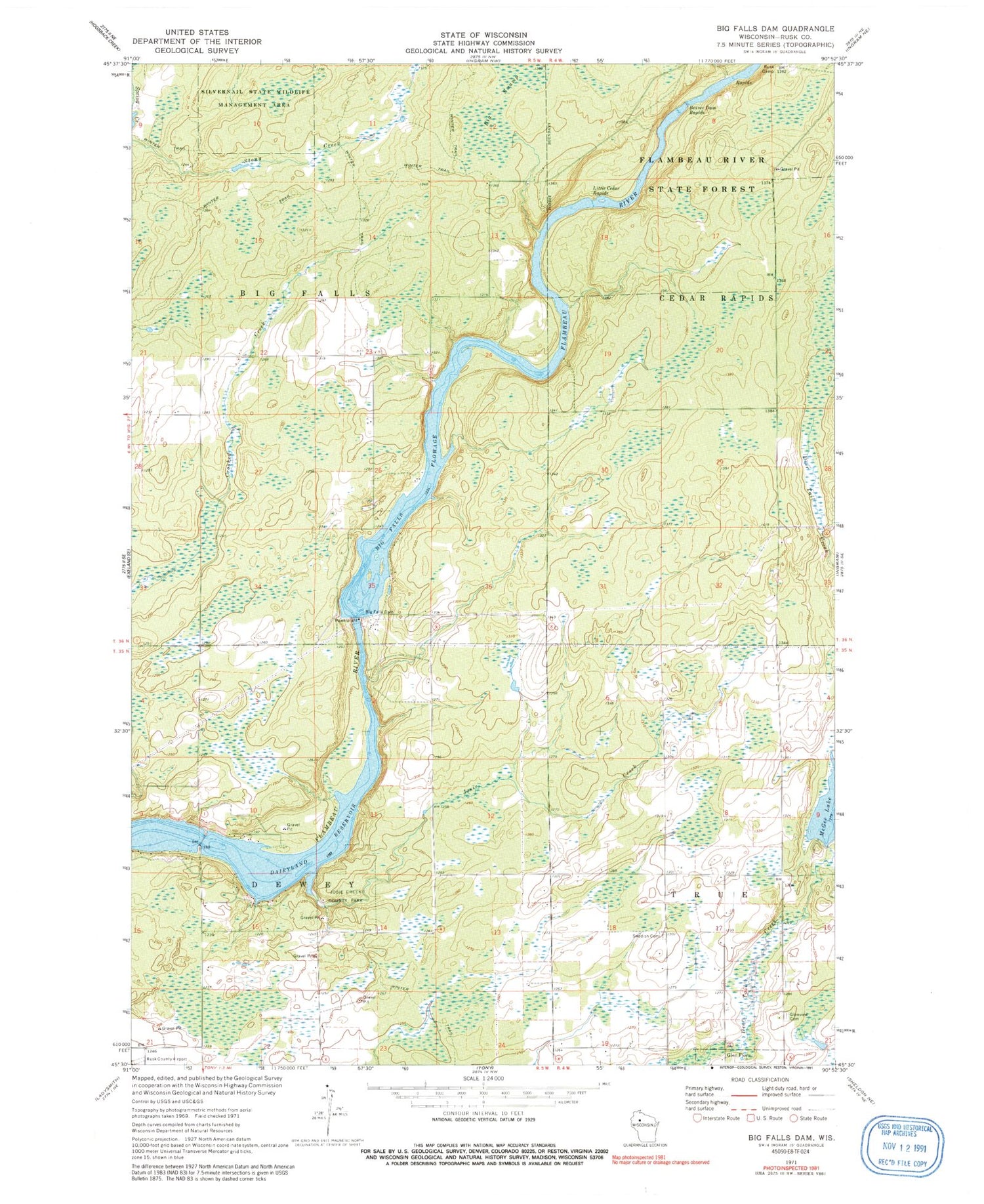 Classic USGS Big Falls Dam Wisconsin 7.5'x7.5' Topo Map Image