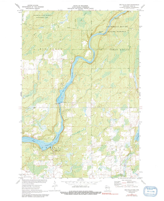 Classic USGS Big Falls Dam Wisconsin 7.5'x7.5' Topo Map Image