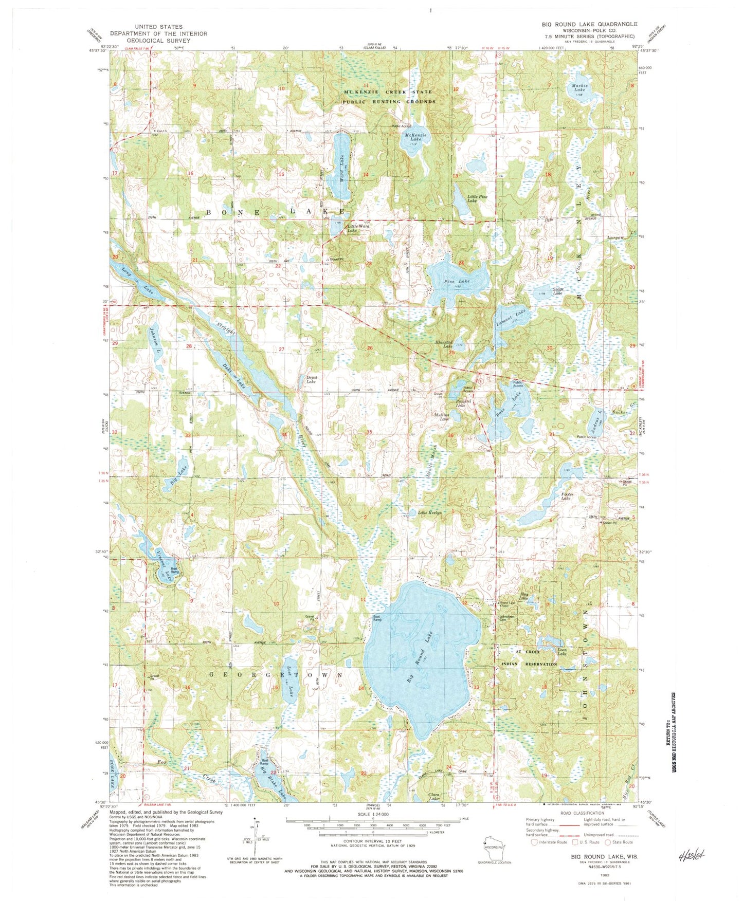 Classic USGS Big Round Lake Wisconsin 7.5'x7.5' Topo Map Image