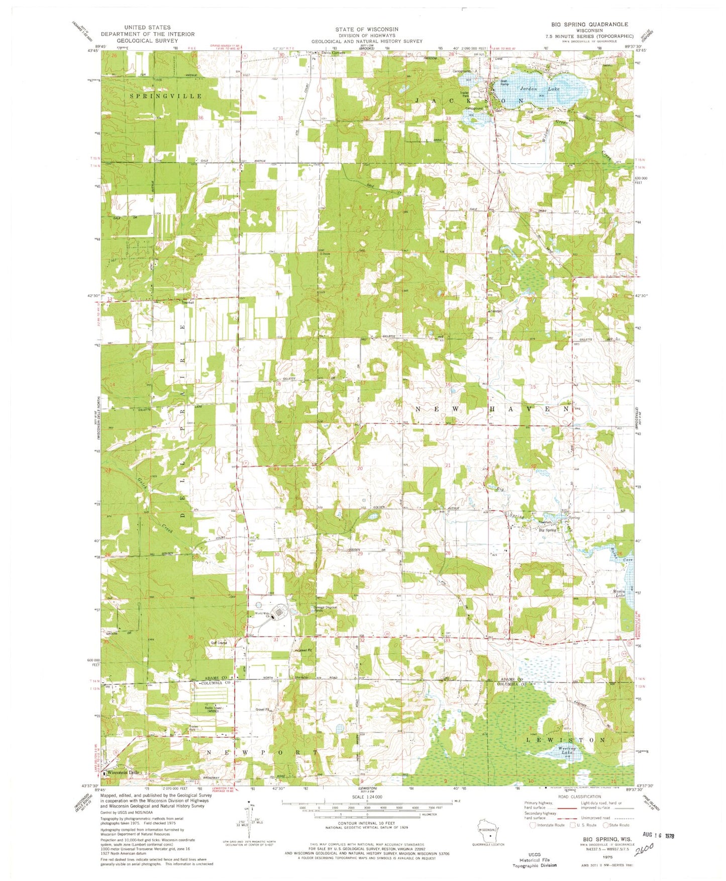 Classic USGS Big Spring Wisconsin 7.5'x7.5' Topo Map Image