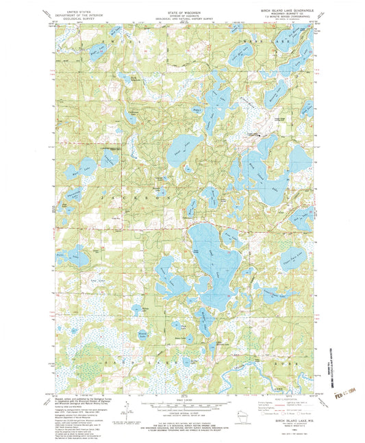 Classic USGS Birch Island Lake Wisconsin 7.5'x7.5' Topo Map Image