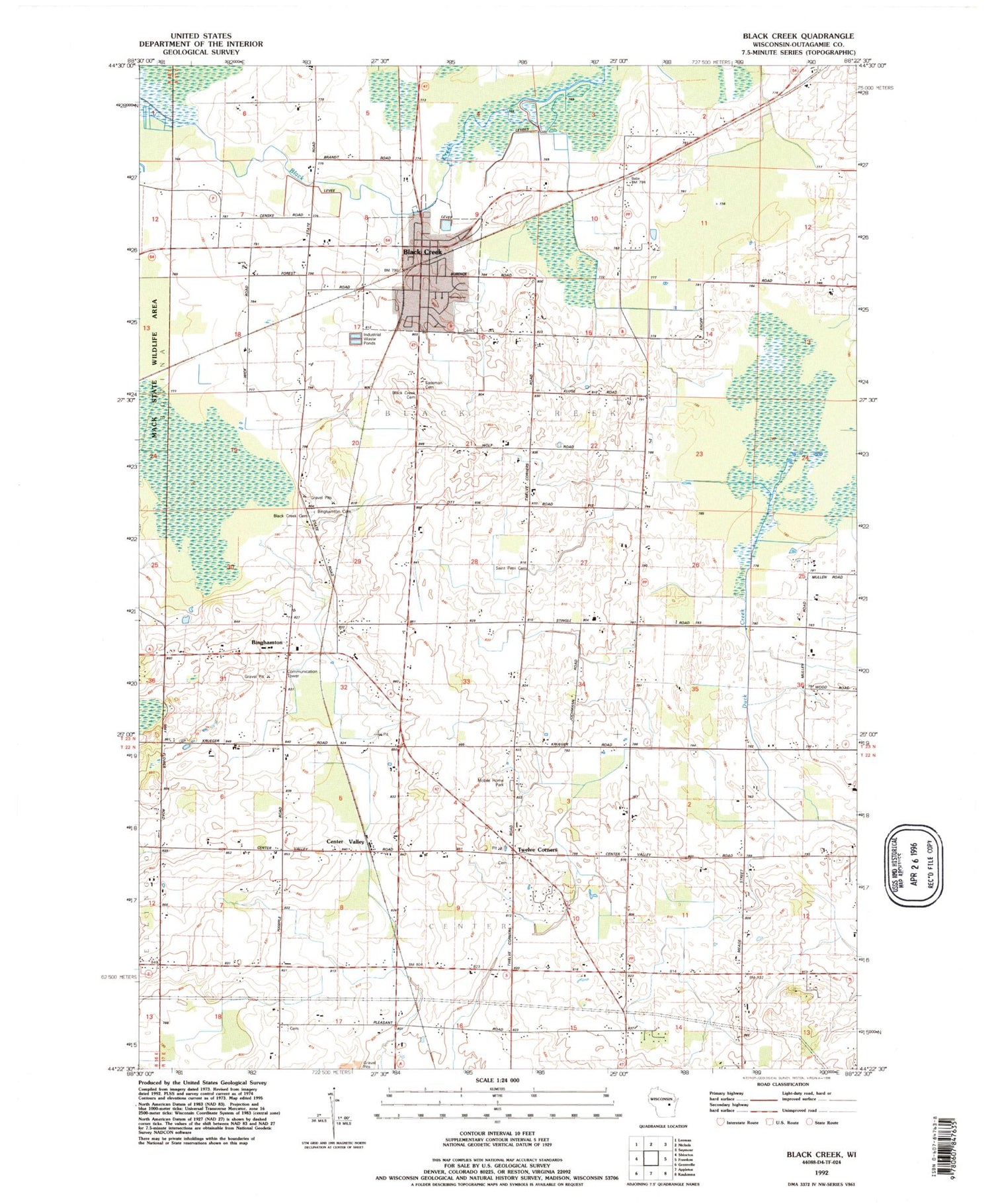 Classic USGS Black Creek Wisconsin 7.5'x7.5' Topo Map Image