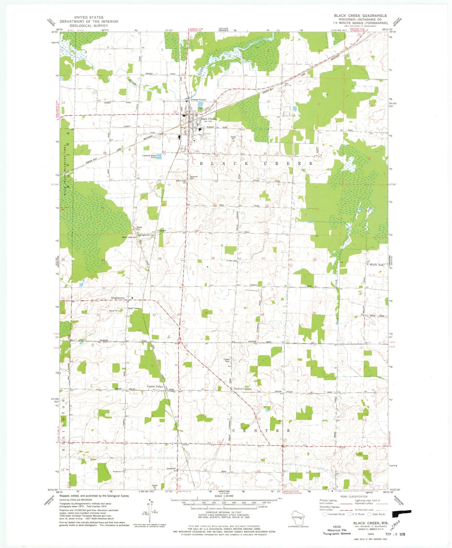 Classic USGS Black Creek Wisconsin 7.5'x7.5' Topo Map Image