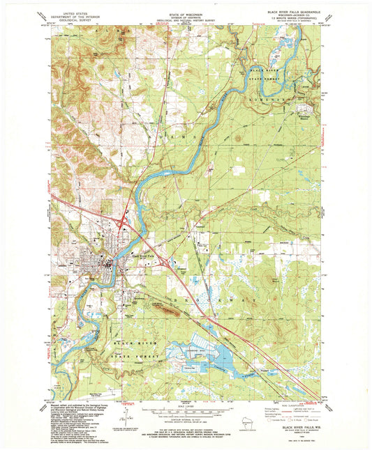 Classic USGS Black River Falls Wisconsin 7.5'x7.5' Topo Map Image
