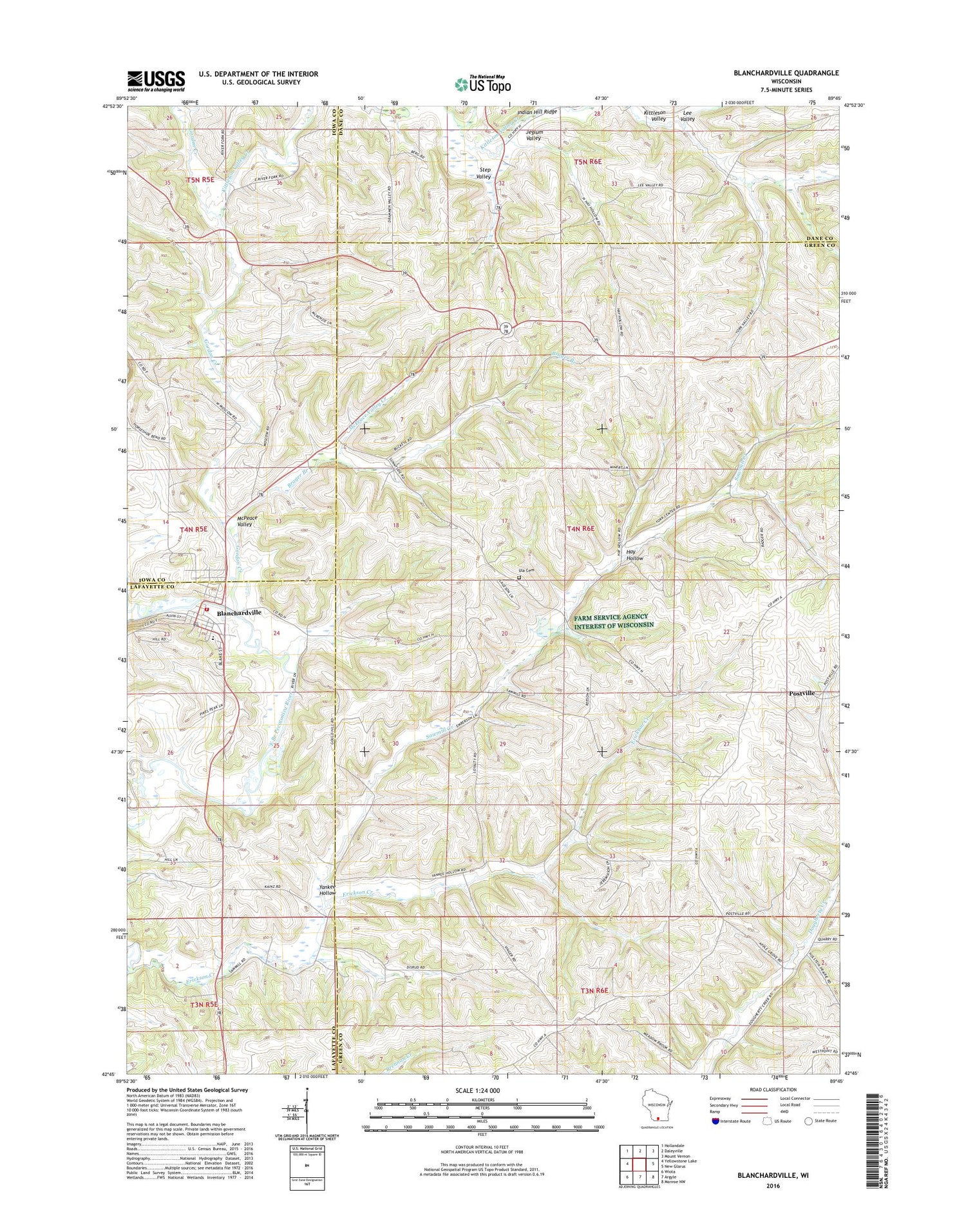 Blanchardville Wisconsin US Topo Map Image