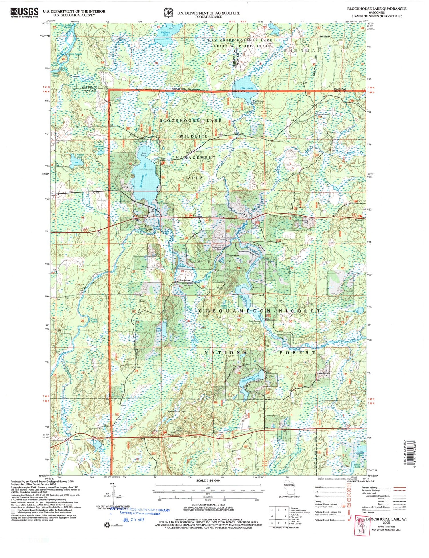 Classic USGS Blockhouse Lake Wisconsin 7.5'x7.5' Topo Map Image