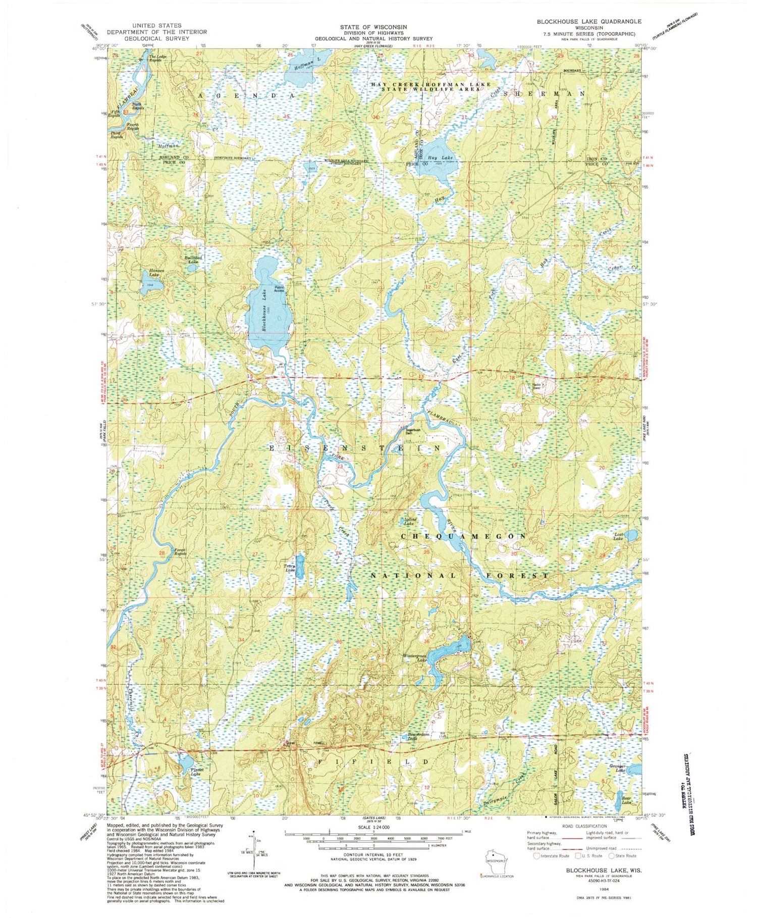 Classic USGS Blockhouse Lake Wisconsin 7.5'x7.5' Topo Map Image