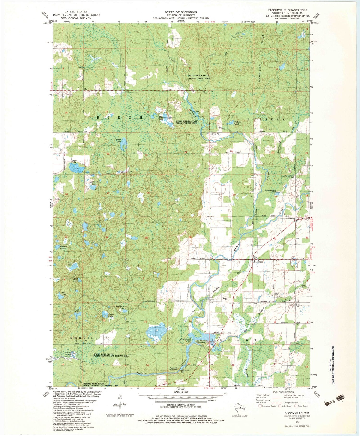Classic USGS Bloomville Wisconsin 7.5'x7.5' Topo Map Image