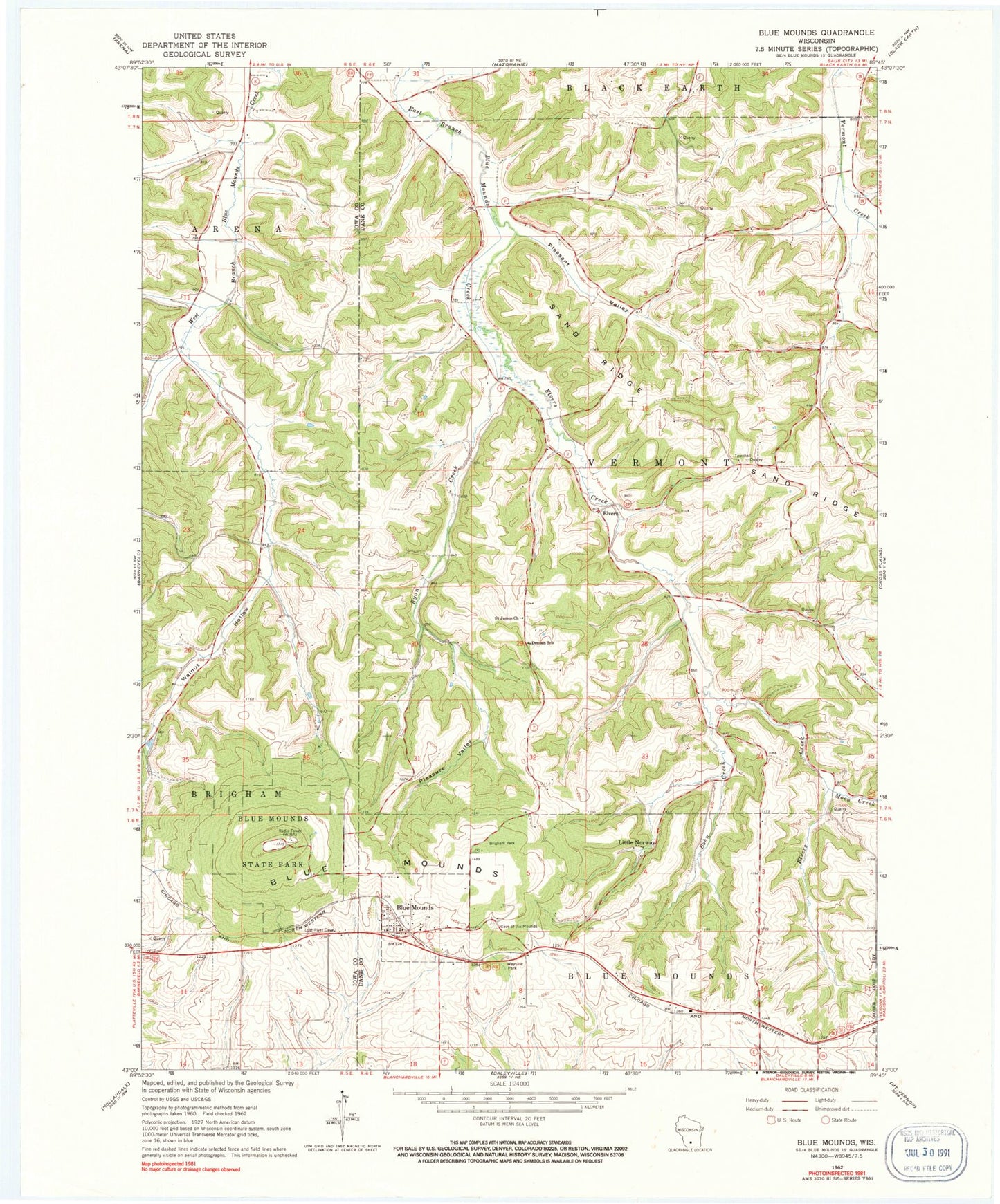 Classic USGS Blue Mounds Wisconsin 7.5'x7.5' Topo Map Image