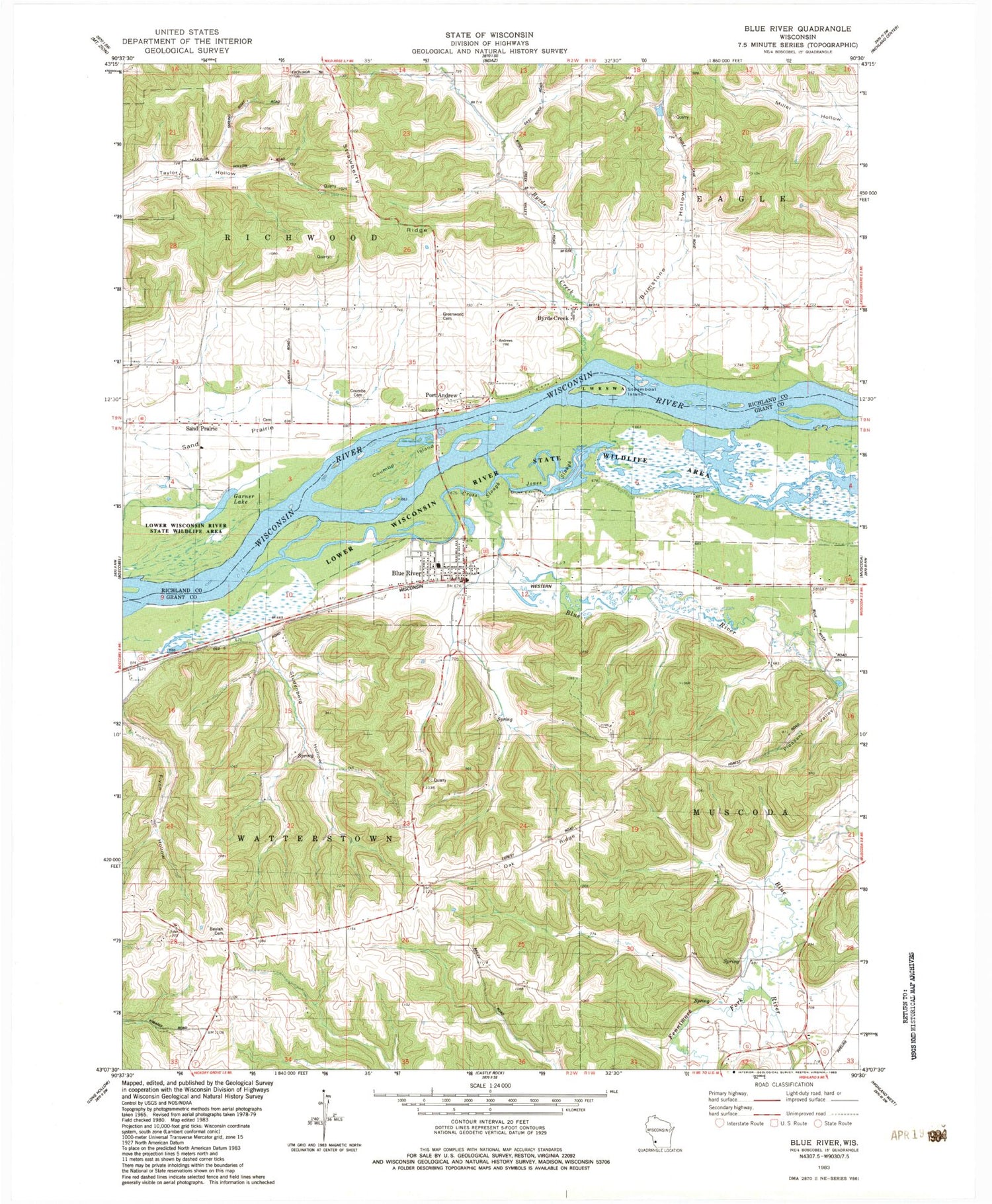 Classic USGS Blue River Wisconsin 7.5'x7.5' Topo Map Image