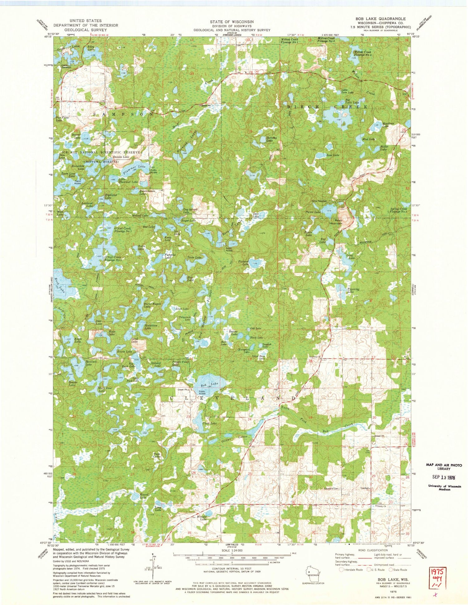 Classic USGS Bob Lake Wisconsin 7.5'x7.5' Topo Map Image
