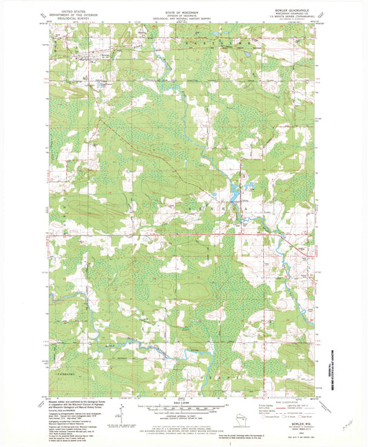 Classic USGS Bowler Wisconsin 7.5'x7.5' Topo Map Image