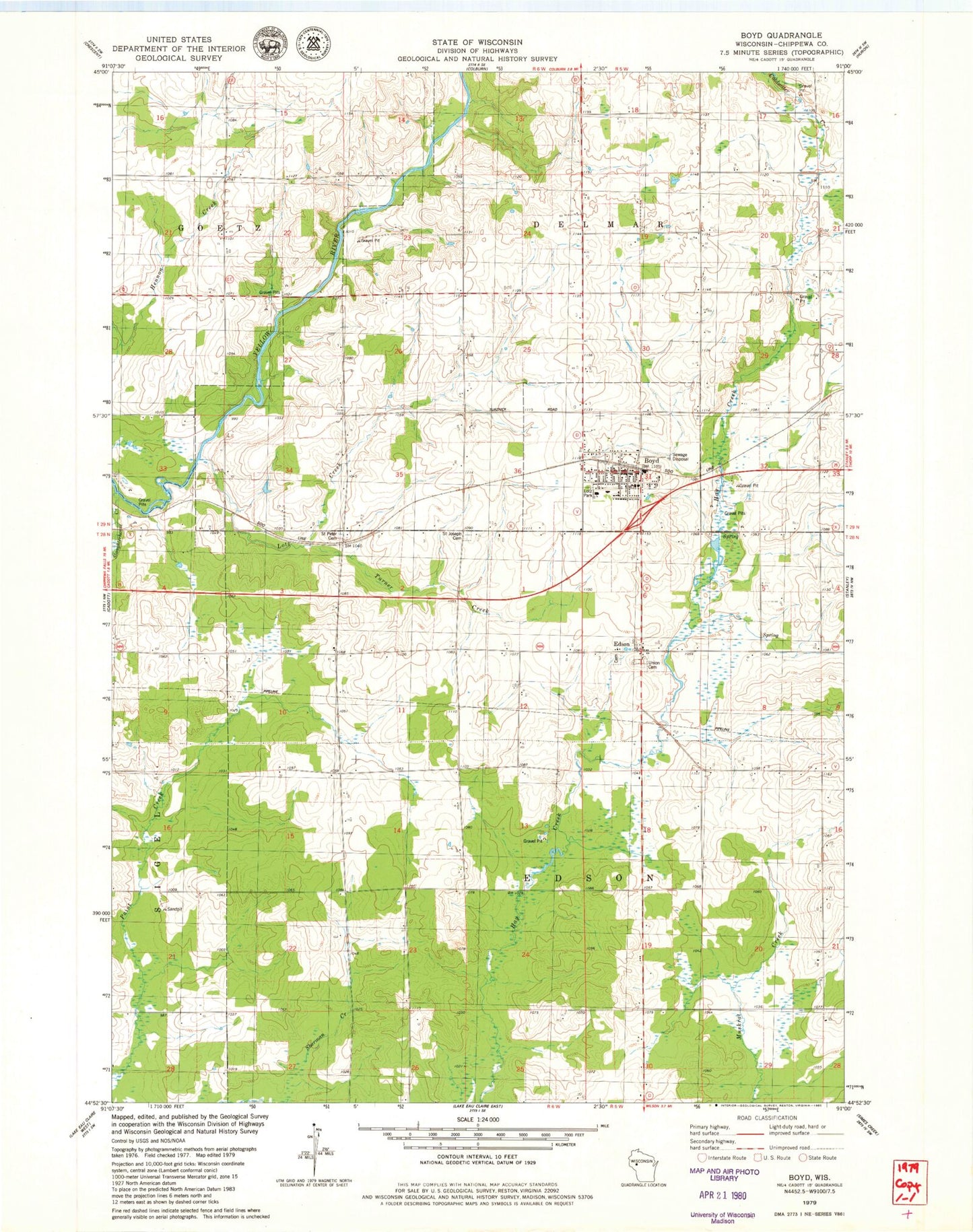 Classic USGS Boyd Wisconsin 7.5'x7.5' Topo Map Image