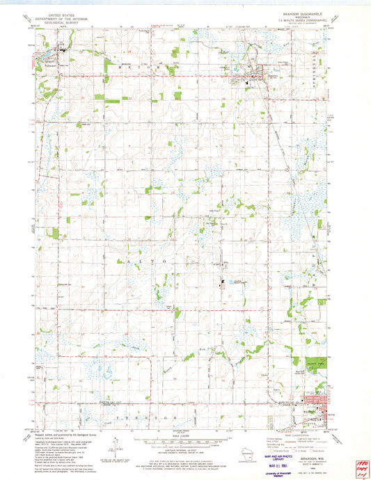 Classic USGS Brandon Wisconsin 7.5'x7.5' Topo Map Image