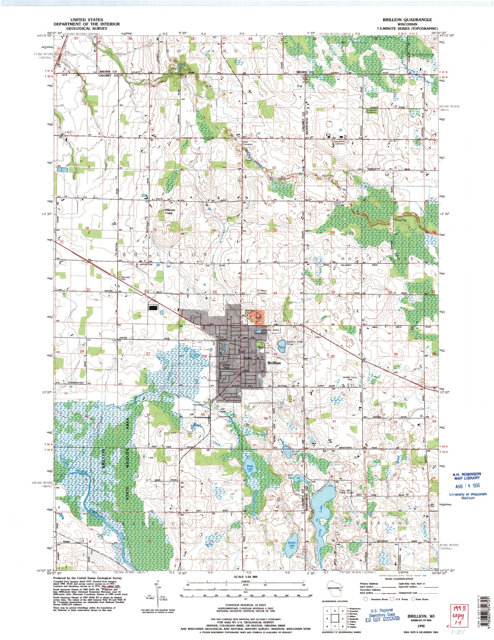 Classic USGS Brillion Wisconsin 7.5'x7.5' Topo Map MyTopo Map Store