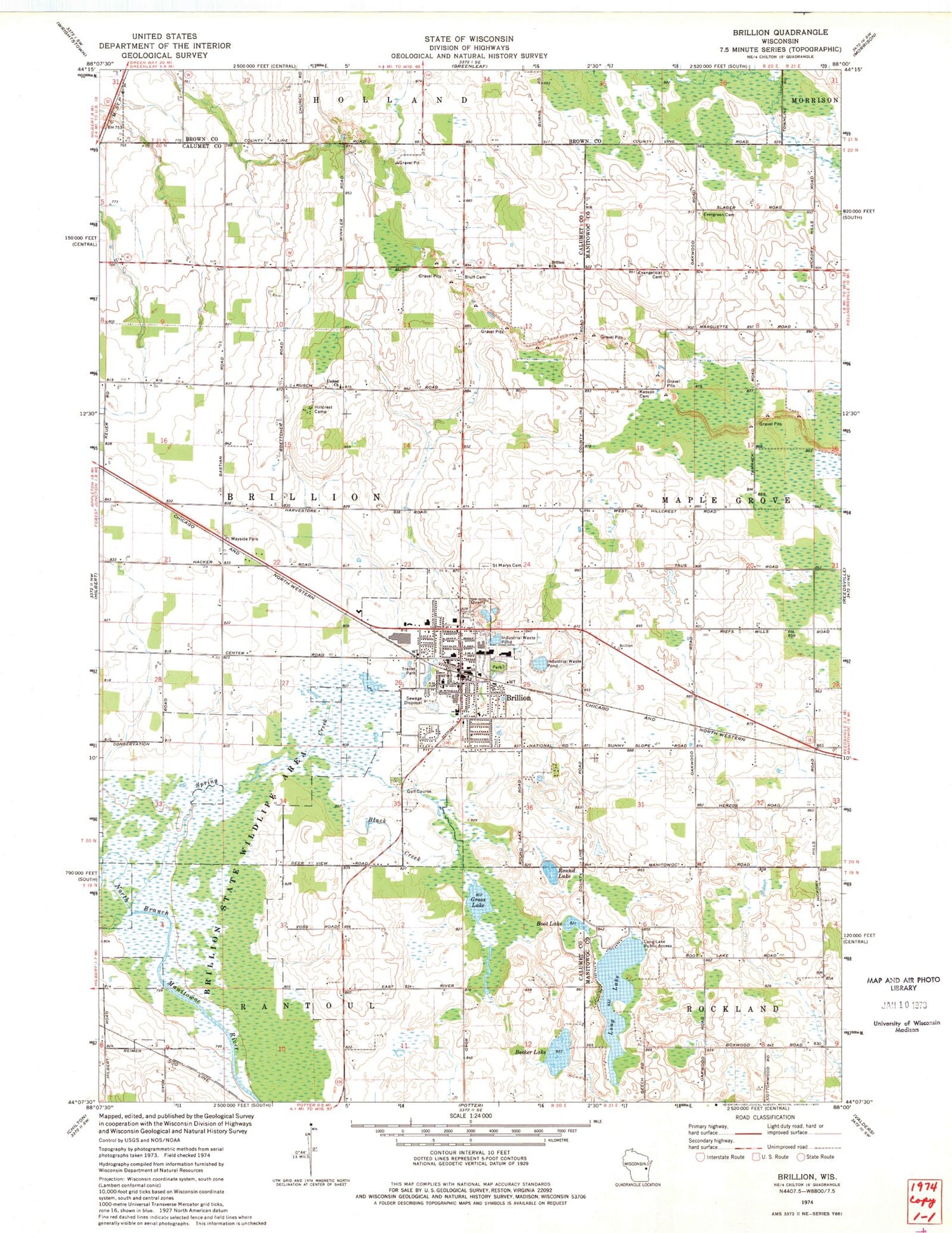 Classic USGS Brillion Wisconsin 7.5'x7.5' Topo Map Image